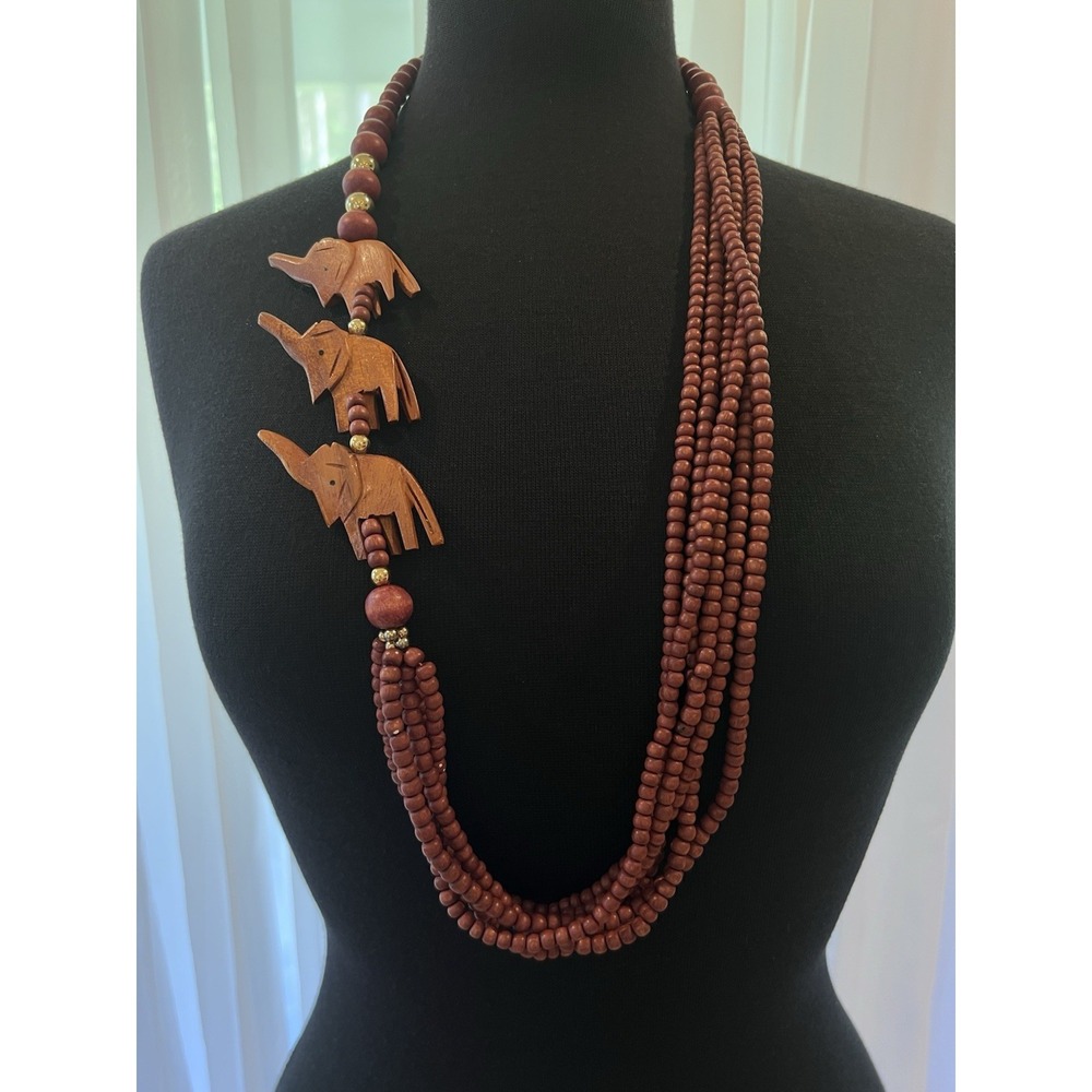 Vintage Carved Wood Elephant Statement Necklace Multi Strand Beaded Boho Safari